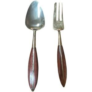 Vintage 60's Rosewood Brass Condiment Utensil Forks & Spoons Set Of 8 Persons